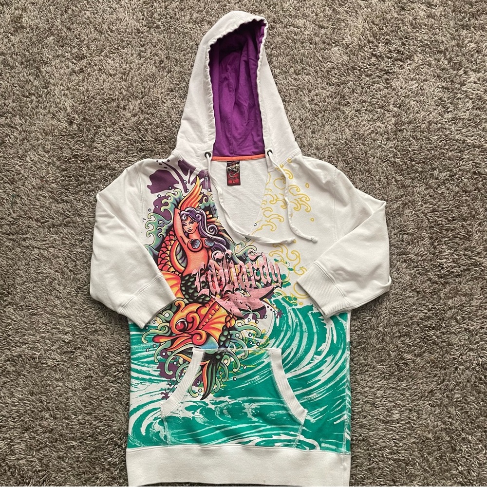 Y2K Vintage Ed Hardy C Audigier Women Hoodie White Short Sleeve Stud Geisha L